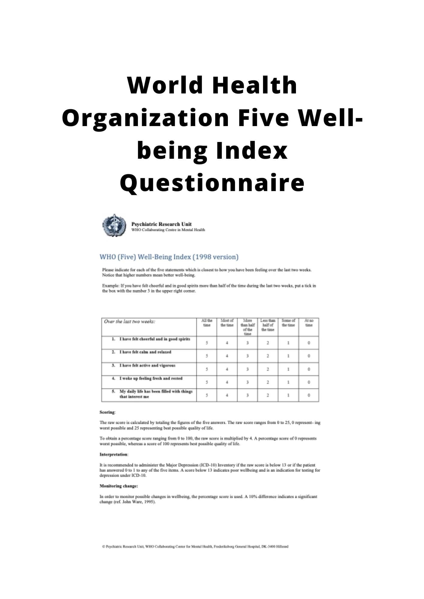 WORLD HEALTH ORGANIZATION FIVE WELLBEING INDEX QUESTIONNAIRE IASC MHPSS M&E FRAMEWORK MOV