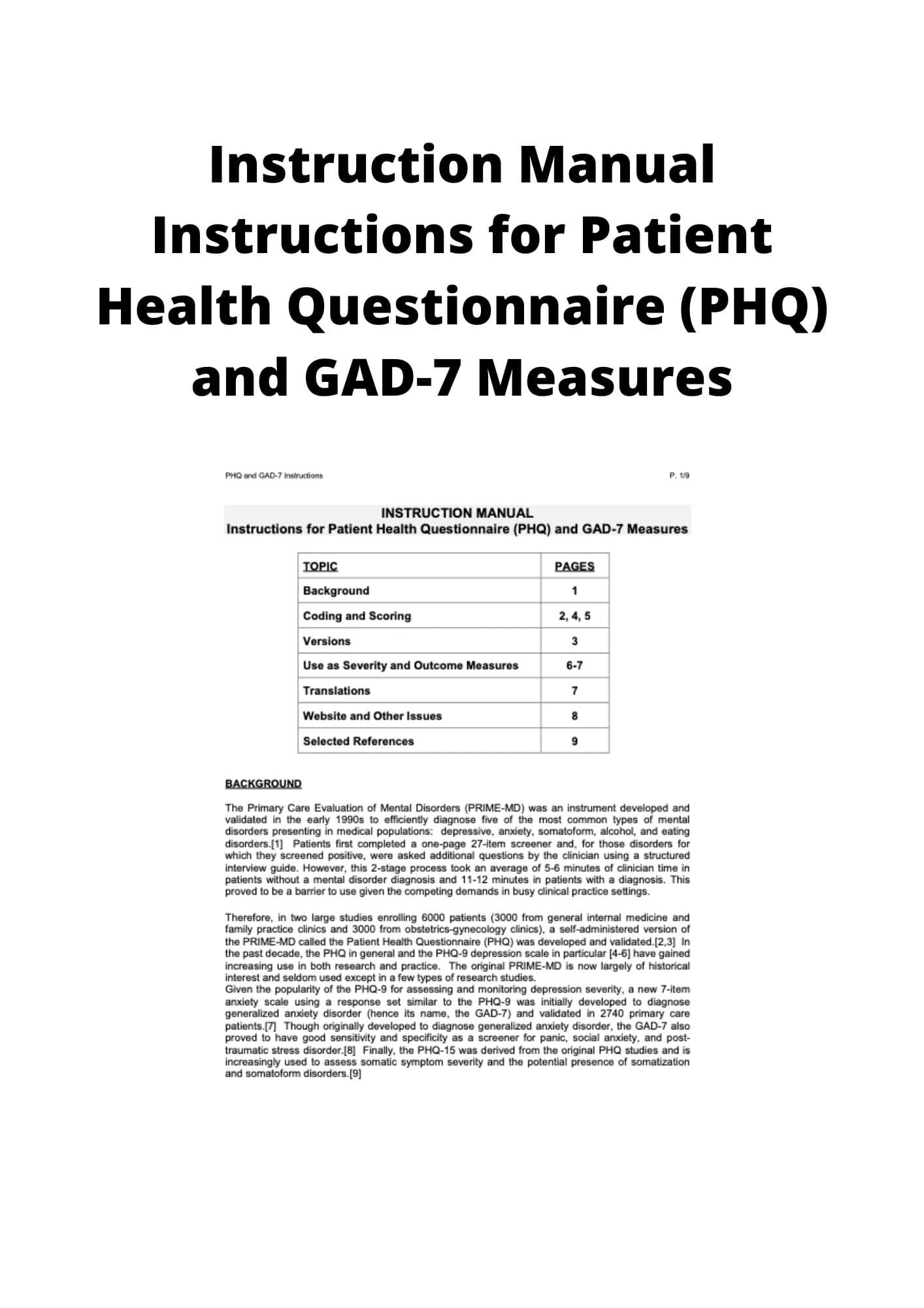 INSTRUCTION MANUAL INSTRUCTIONS FOR PATIENT HEALTH QUESTIONNAIRE (PHQ