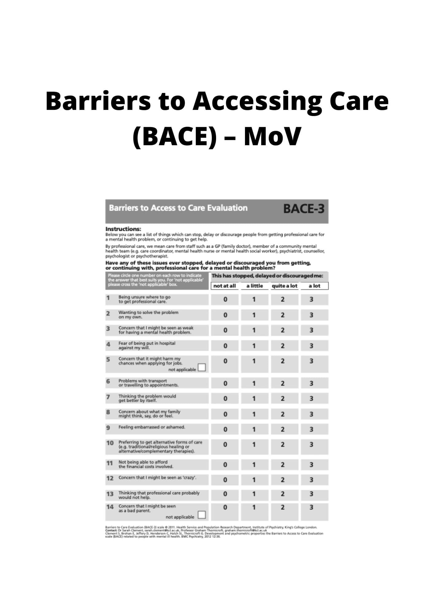 BARRIERS TO ACCESSING CARE (BACE) MOV IASC MHPSS M&E FRAMEWORK MOV