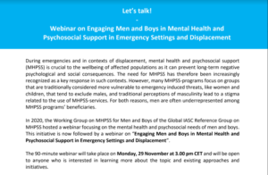 IASC WEBINAR: Engaging Men & Boys in MHPSS in Emergency Settings and Displacement